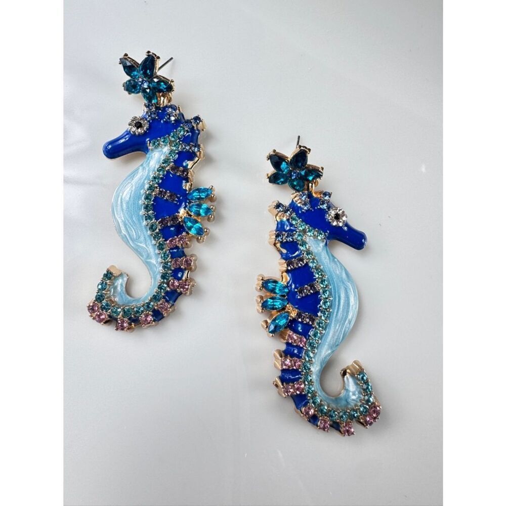 Zara Blue Crystal Stones Seahorse Statement Earrings